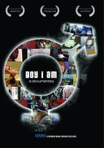 A solid black documentary film poster with a large bigender symbol at the centre filled with various stills and images from the documentary. In the center of the gender symbol is the film title "Boy I Am: a documentary" in bold white text. At the top of the poster there are three wreaths from official selections from Newfest, Frameline and Outfest. The bottom reads "WMM a Women Make Movies release".