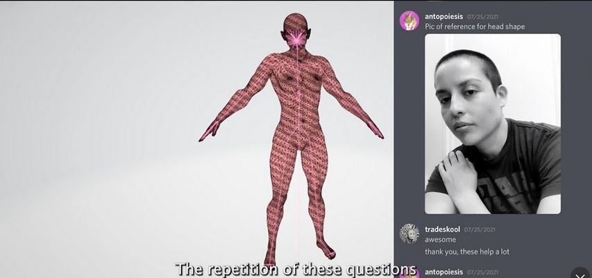 Screenshot of a computer display that has a digital rendering of a nude trans body in the centre of a white page. On the right-hand side, a Discord chat history is displayed that has a conversation history about a selfie taken by the film's creator, Anto Astudillo, used as reference for the head shape.