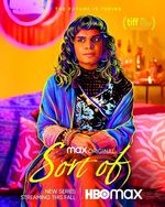 Vibrant and colourful drama comedy poster featuring sitcom star Zaiba Baig seated on a colourful living room couch. Zaiba is a South Asian transfeminine person who has brown skin and dark shoulder length wavy hair with a full fringe. They are wearing a layered outfit including South Asian jewelry. The entire poster is edited to amplify the purple, pink, yellow and orange hues in the environment. A digital paintbrush and line art tool using a bright yellow colour define and enhance Zaiba's features and outfit.