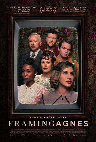 Documentary drama poster set in the 1950s with a retro television frame serving as the frame of a portrait at the center of the poster. The portrait features the six prominent transgender figures in the film.