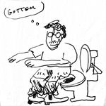 Loose line drawing of gil goletski sitting on or maybe standing beside a toilet. They have a squiggle suggesting short curly hair, glasses, and a mustache. A thought bubble above their head reads "gottem".