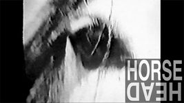 Grainy, black-and-white image featuring an extreme closeup of a horse's eye. The title, "Horse Head" is imposed on the lower left side of the image, with the word "Head" upside-down.