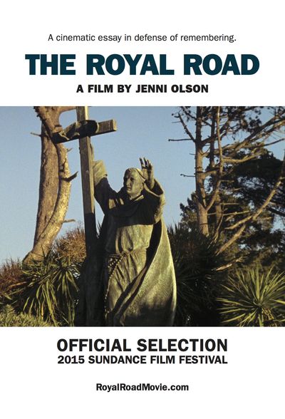 This cinematic essay is presented in a minimalist poster that is comprised of a solid white background, black text and a landscape shot of a catholic statue in California. The stone statue depicts a catholic figure supporting a cross taller than the figure. Behind the statue is the Californian nature of foliage, trees and clear blue skies.