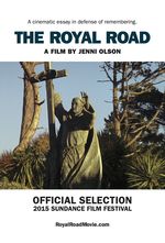 This cinematic essay is presented in a minimalist poster that is comprised of a solid white background, black text and a landscape shot of a catholic statue in California. The stone statue depicts a catholic figure supporting a cross taller than the figure. Behind the statue is the Californian nature of foliage, trees and clear blue skies.