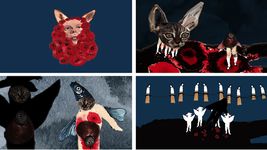 The poster is a combination of 4 drawings sectioned off into four sections. The top left is a humanoid face with light skin surrounded by red flowers and cat ears on top of the flowers. The top right is a cat head with flowers and then another character with a cat head, fish torso and human legs. The bottom left is two cats with random fish parts. The bottom right has creatures with just silhouettes and then a string of candles.