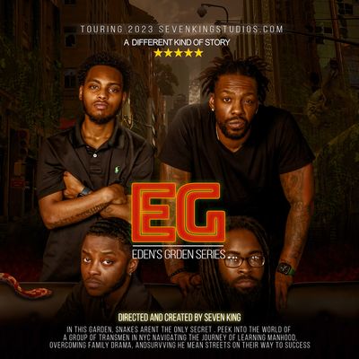 Four people with dark brown skin are posed in front of a city landscape. Two people are sitting on the couch in front of two other people who are standing behind the people on the couch. The person sitting on the left has short black hair with waves, dark brown skin and a black shirt. The person sitting on the right has dark brown skin and has long dreadlocks and is wearing glasses. The person standing on the left is crossing their arms and wearing a black t-shirt. They have a tattoo on their forearm and a beard with short curly hair. The person standing on the right is leaning forward and placing their hands on the couch. They have tattoos covering their arms, and they have a beard and short dreadlocks. All four stare into camera with serious expressions.