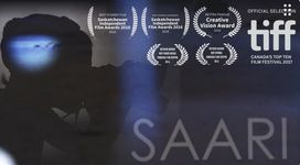 A silhouette of a person with short hair and a beanie hat looking through a vintage polaroid camera. The film title is placed on the bottom right. The background is a blue projection of waters. There are streaks of blue light leak effects over the poster emulating the digital recording technology. In the top right it says, "Official selection tiff Canada's top ten film selection 2017." There are several award logos at the top of the poster.