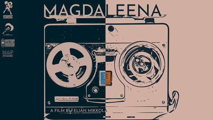 The poster is features a drawing of an old tape recorder. On the left half of the poster, the recorder is drawn in a muddy pastel pink in front of a navy blue background. On the right half of the poster, these colors are inverted, with the recorder being drawn in navy blue and the background in muddy pastel pink. Above the recorder is the film's title, "Magdaleena," drawn in muddy pastel pink on the left side of the inversion and navy blue on the right side of the inversion, just like the tape recorder. Also in muddy pastel pink are a series of award badges which appear on the right side of the poster, and the text "A film by Elian Mikkola," which adorns the bottom left corner of the tape recorder. The only break in the color scheme is a square button at the centre of the tape recorder, which is electric blue on the left side and orange on the right side.
