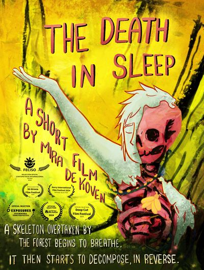 This colorful hand-drawn horror poster features a pink skeleton decomposing in reverse in a yellow forest. The film's title and director are featured in jaunty, slanted pink text, and a series of festival accolades adorn the lower left corner.