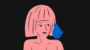 Illustration of Teagan looking at a blue bird on her shoulder. Teagan is drawn as pink and has a box bob haircut.