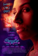 Closeup of Ponyboi (River Gallo) in profile, looking into the camera, their face lit red by a neon sign in the background reading "OPEN 24 HRS". The title, cast and critic quotes in the bottom left corner appear in neon purple and blue.