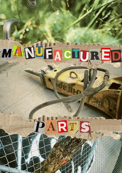 Film poster depicting images from the film including a jackhammer, a log in a fence, and an electrical box painted to look like a natural scene. The title, Manufactured Parts, is made of magazine-cutout letters, displayed over top of ripped cardboard.