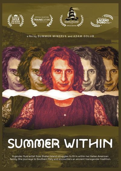 5 overlapping pictures of Summer Minerva in slightly different monochromatic tints from pink to sepia. Summer has shoulder length wavy hair, light skin, hoop earings and wears a scarf over a lacy top. Behind Summer is a city beside water, possibly an Italian village.